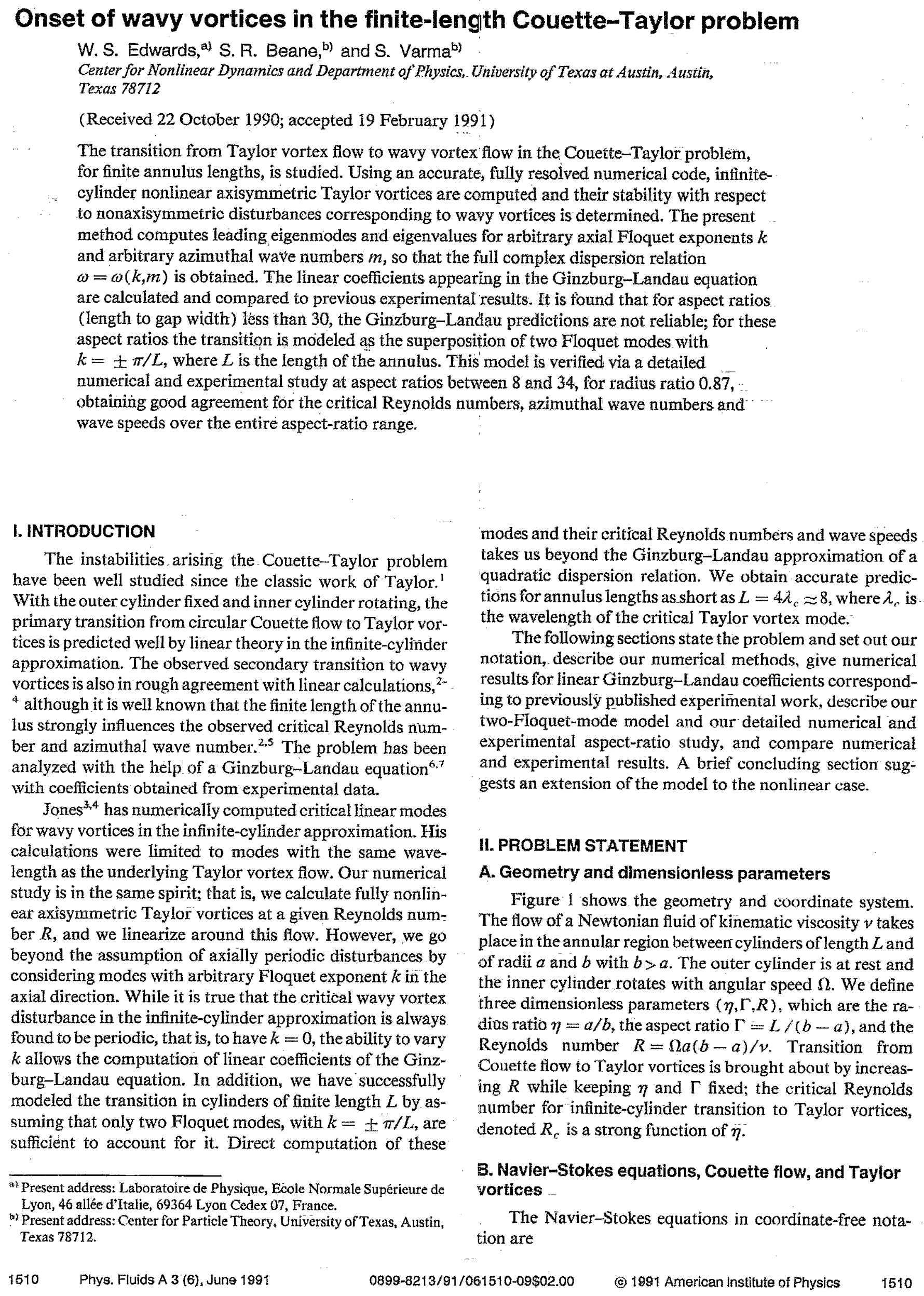 Onset of wavy vortices in the finite-length Couette-Taylor Problem Science of Free Will